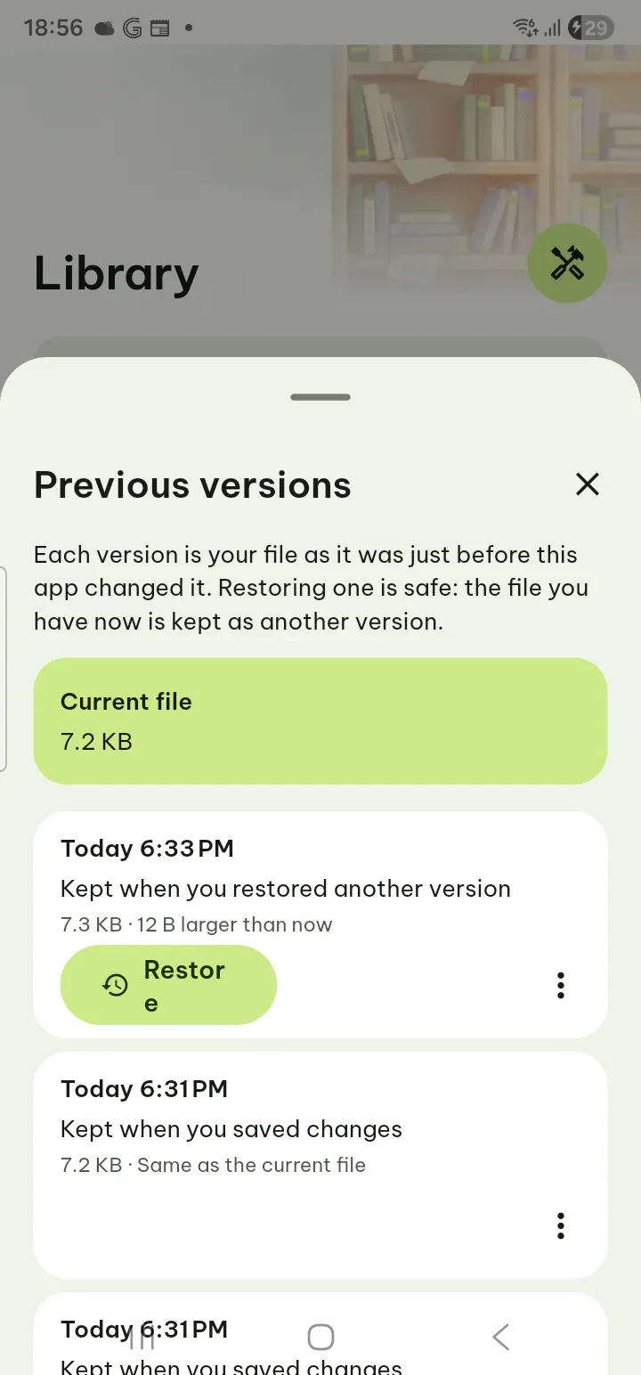 The Previous versions screen with two versions and their dates