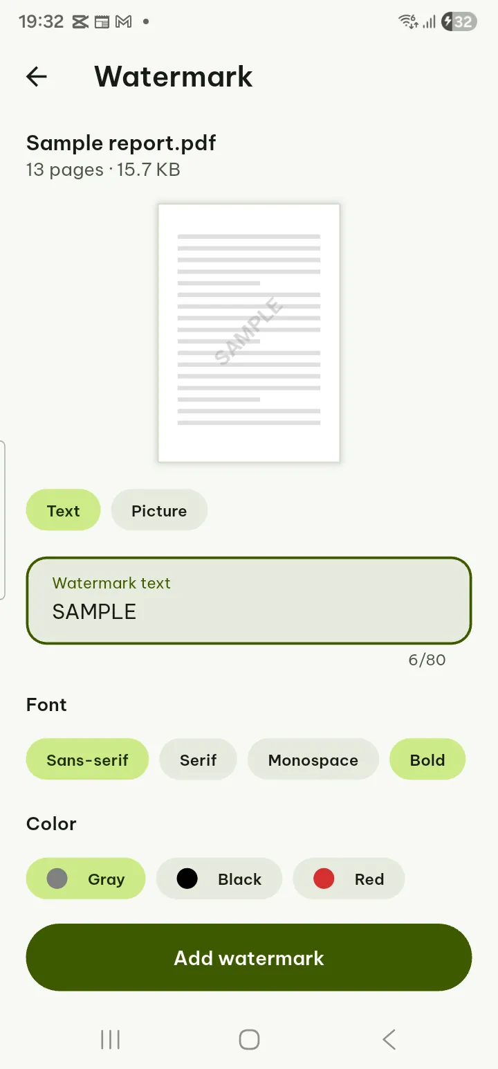 The Watermark screen with a diagonal text watermark in the preview