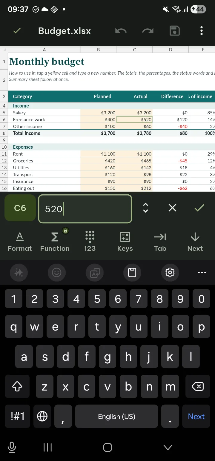 A spreadsheet with a cell being edited, the cell bar with Next and the named keys row